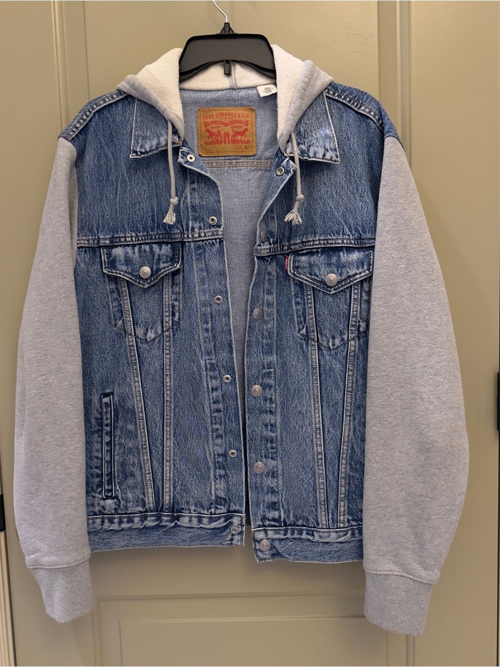 Levi's Blue Denim Jacket with Light Gray Hoodie Sleeves